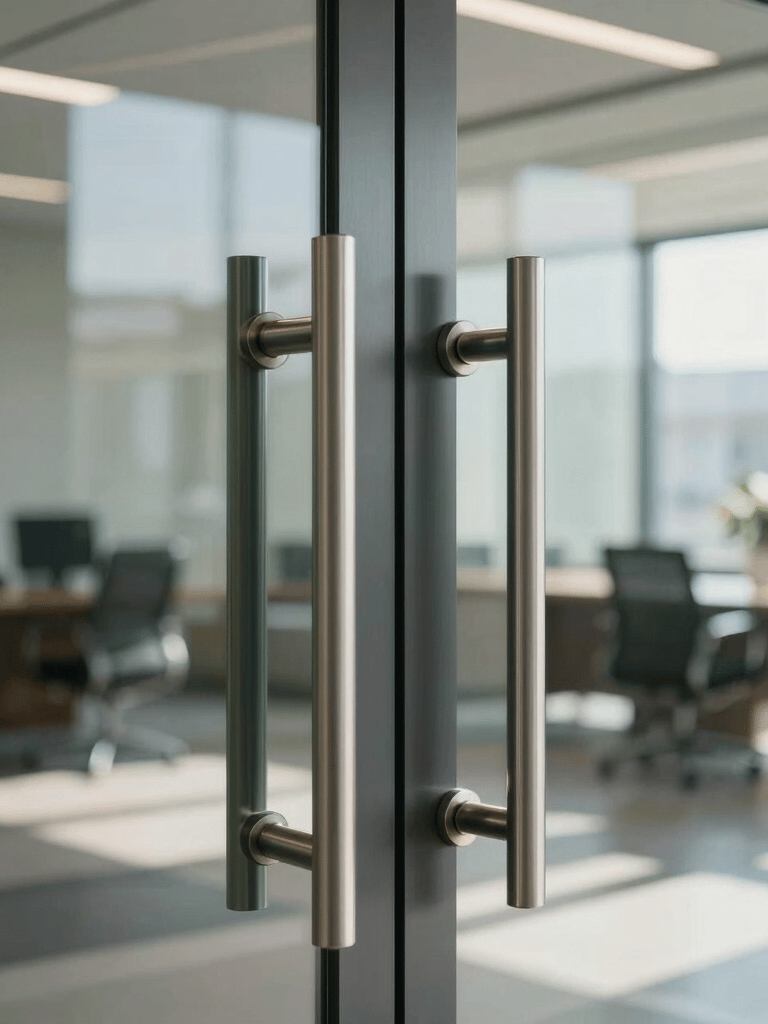 A close-up photograph of a professional glass door with elegant handles in a modern North American / US office building, reflecting a bright, sunlit interior.