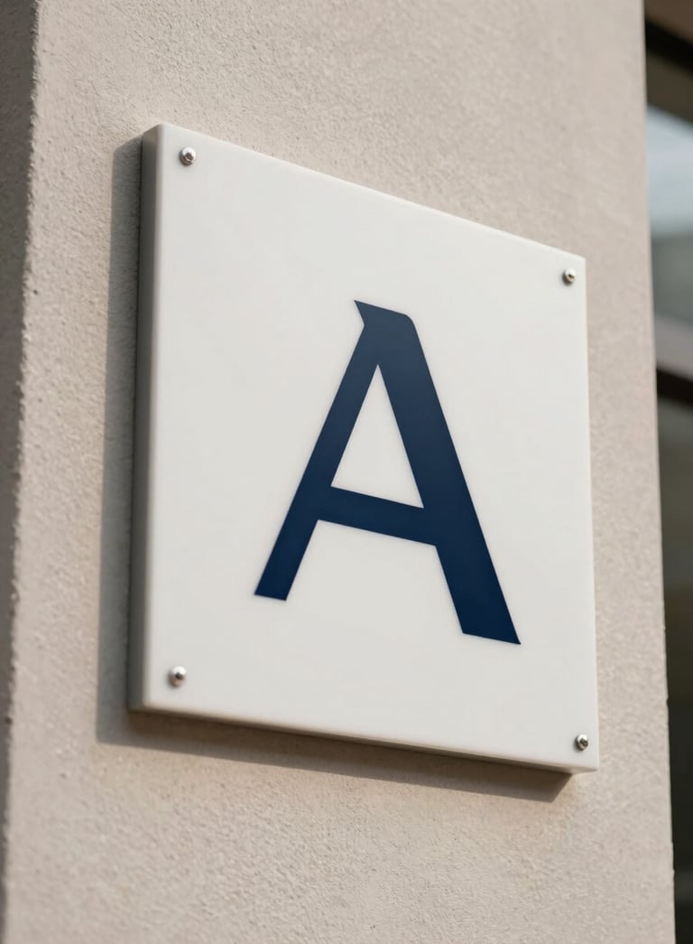A crisp, modern close-up of a minimalist company logo plate on a textured wall in a Global / International agency entrance, with elegant dark navy and soft off-white accents.