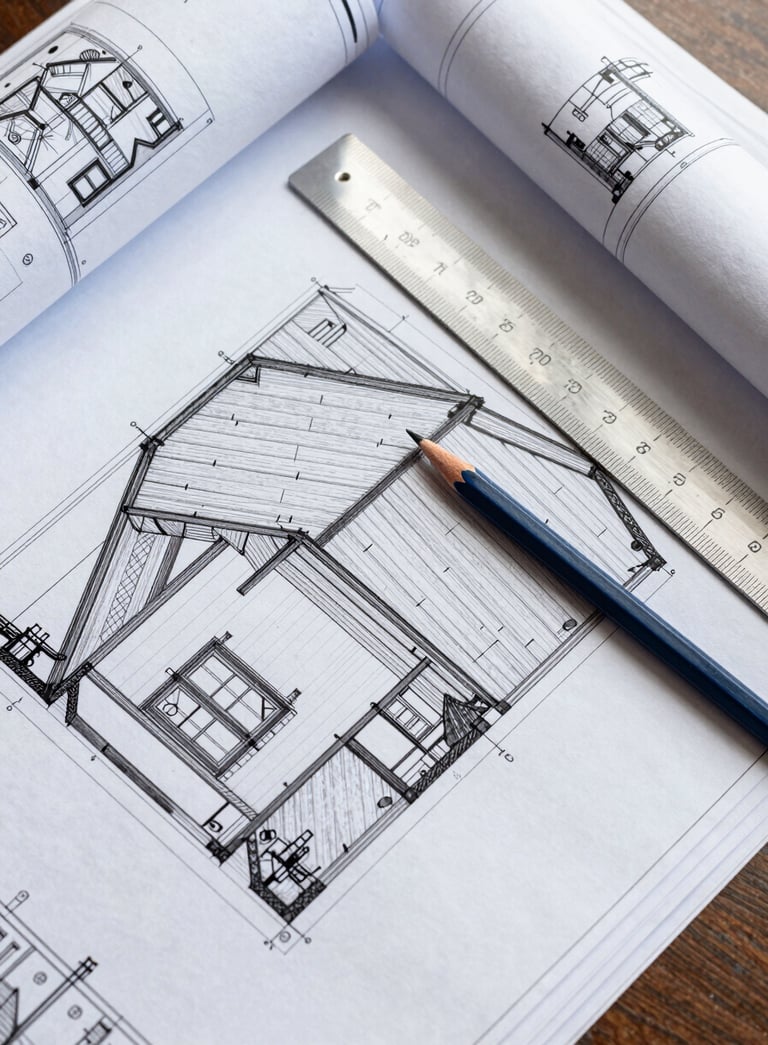 A top-down professional shot of detailed architectural blueprints for a roofing project, with a silver ruler and a dark blue pencil, modern and efficient atmosphere, European / French style.