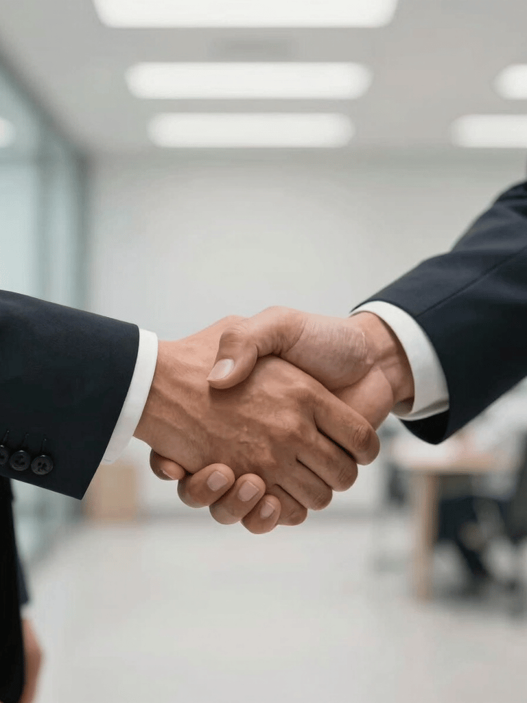 Close up of a professional handshake between two people in a clean, modern Mexican corporate environment, soft focus on the background.