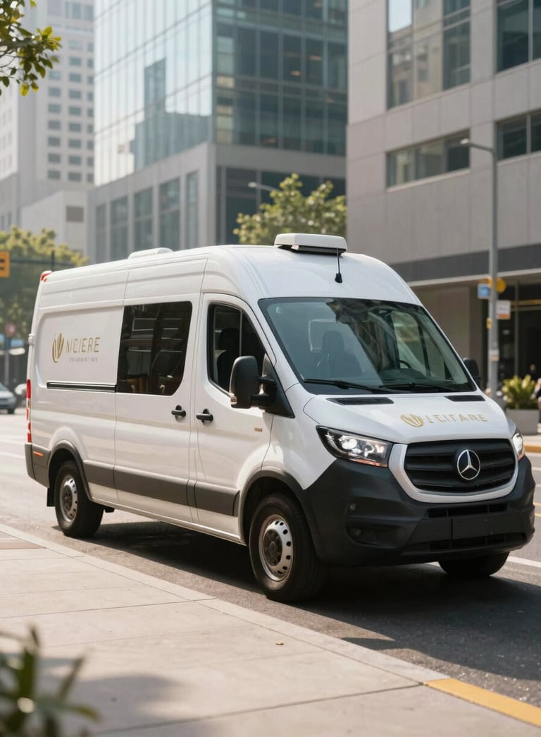 A professional wide-angle shot of a modern, clean mobile service vehicle branded with subtle gold accents, parked in a North American business district during a bright, clear morning. The atmosphere is sophisticated and reflects excellence in service.