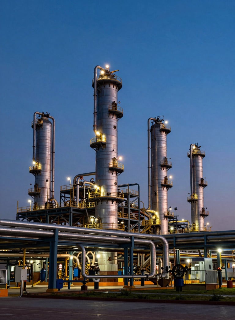 A wide-angle photography of a complex South Asian industrial refinery site, showcasing intricate steel piping and massive structural erection against a deep blue dusk sky with vibrant orange sunset highlights.