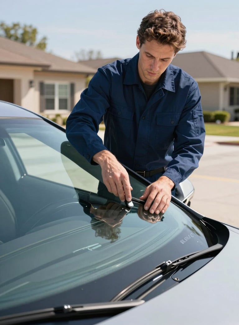 A professional technician wearing a dark blue uniform carefully inspecting a windshield on a modern vehicle parked in a bright North American driveway. The lighting is crisp and natural, emphasizing a modern and clean aesthetic.