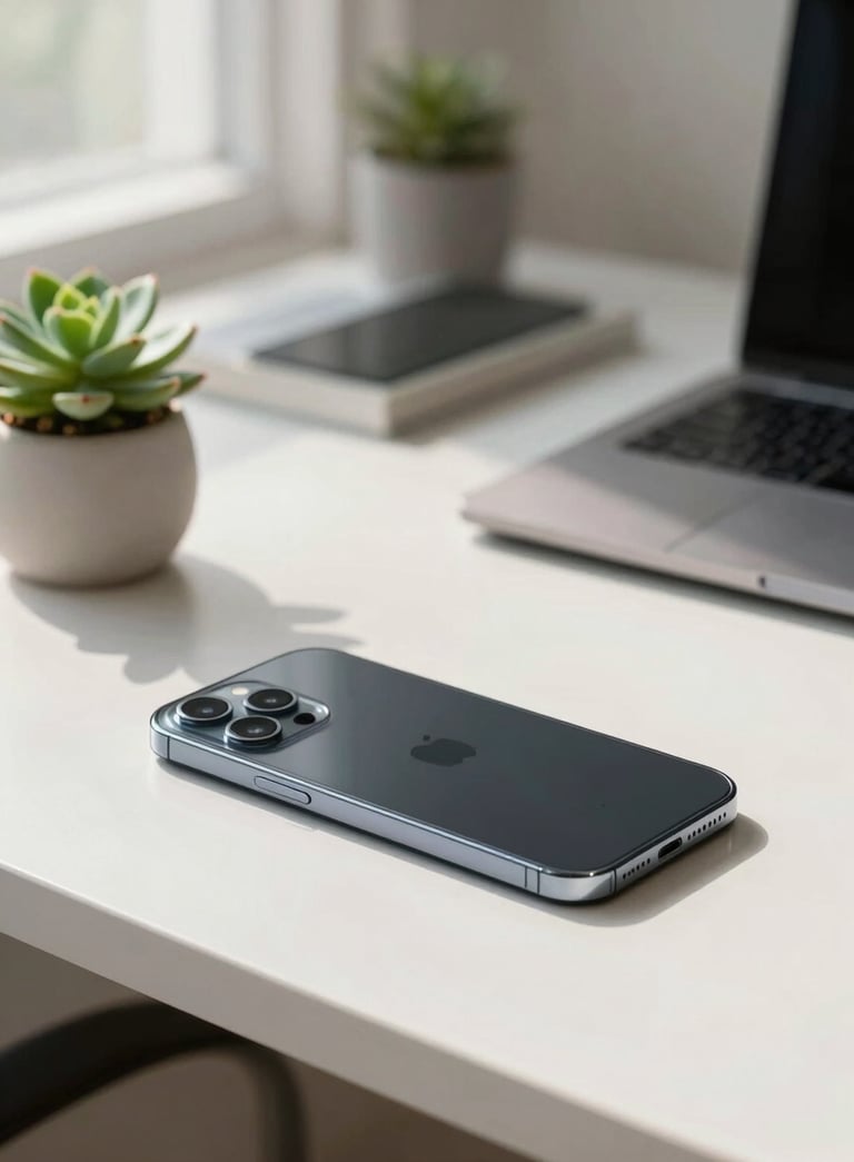 A high-end smartphone resting on a clean white desk next to a small green succulent plant. The background is a blurred North American home office bathed in serene morning light, creating a calm and professional atmosphere.