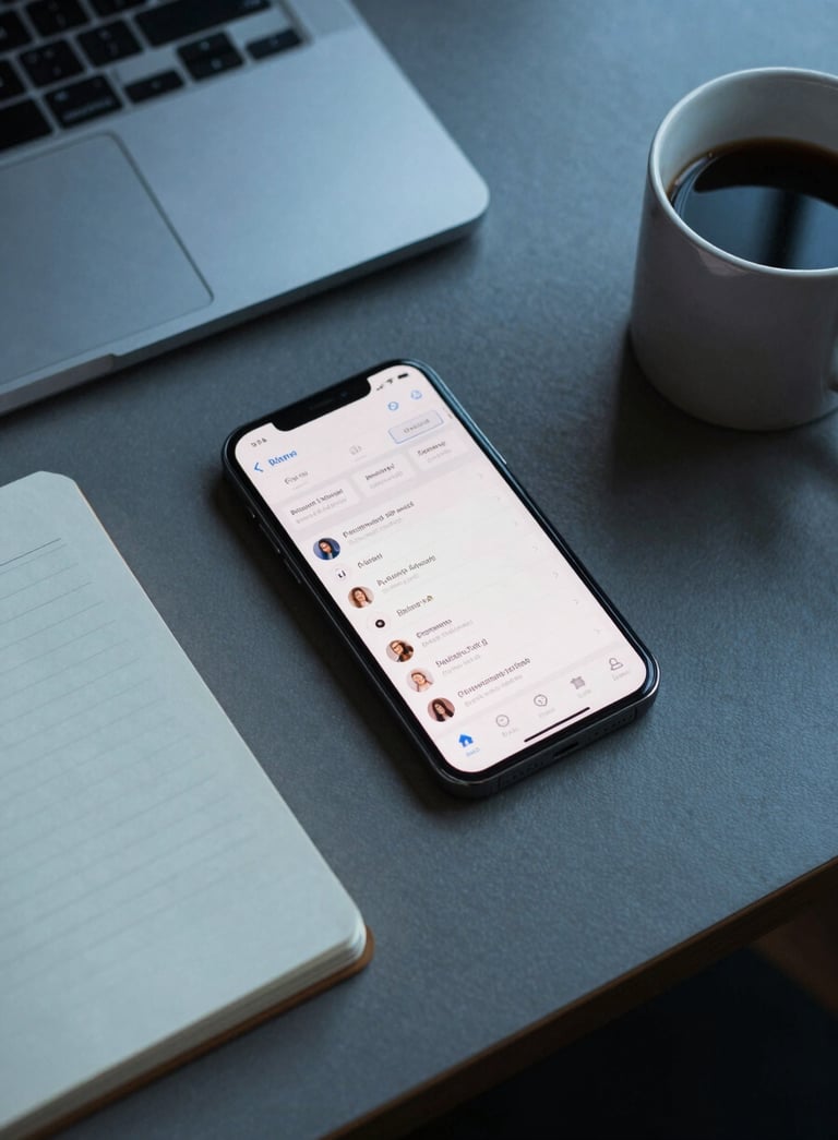 A top-down view of a designer's desk in a North American studio, featuring a smartphone showing a clean productivity app, a minimalist notebook, and a coffee mug. The palette features subtle blue tones and professional lighting.