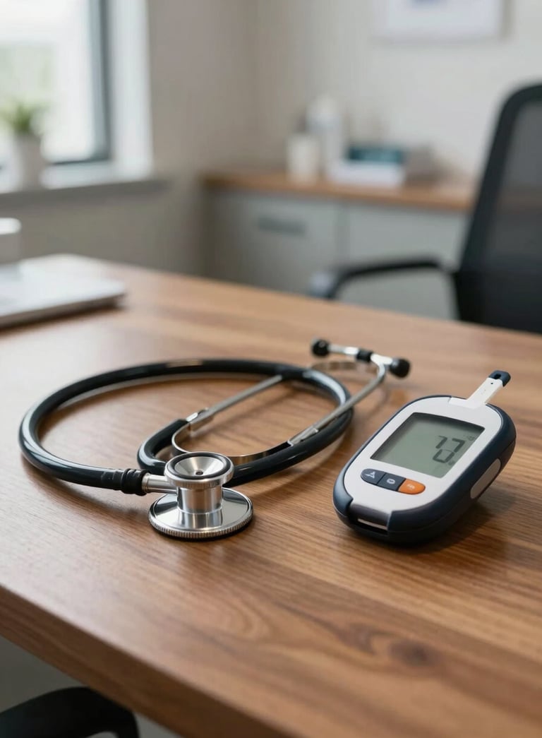 A clean, modern North American / US medical office interior with soft natural light. A professional stethoscope and a digital glucose meter sit on a polished wooden desk, creating an atmosphere of authority and health management. High-end photography, sharp focus, professional lighting.