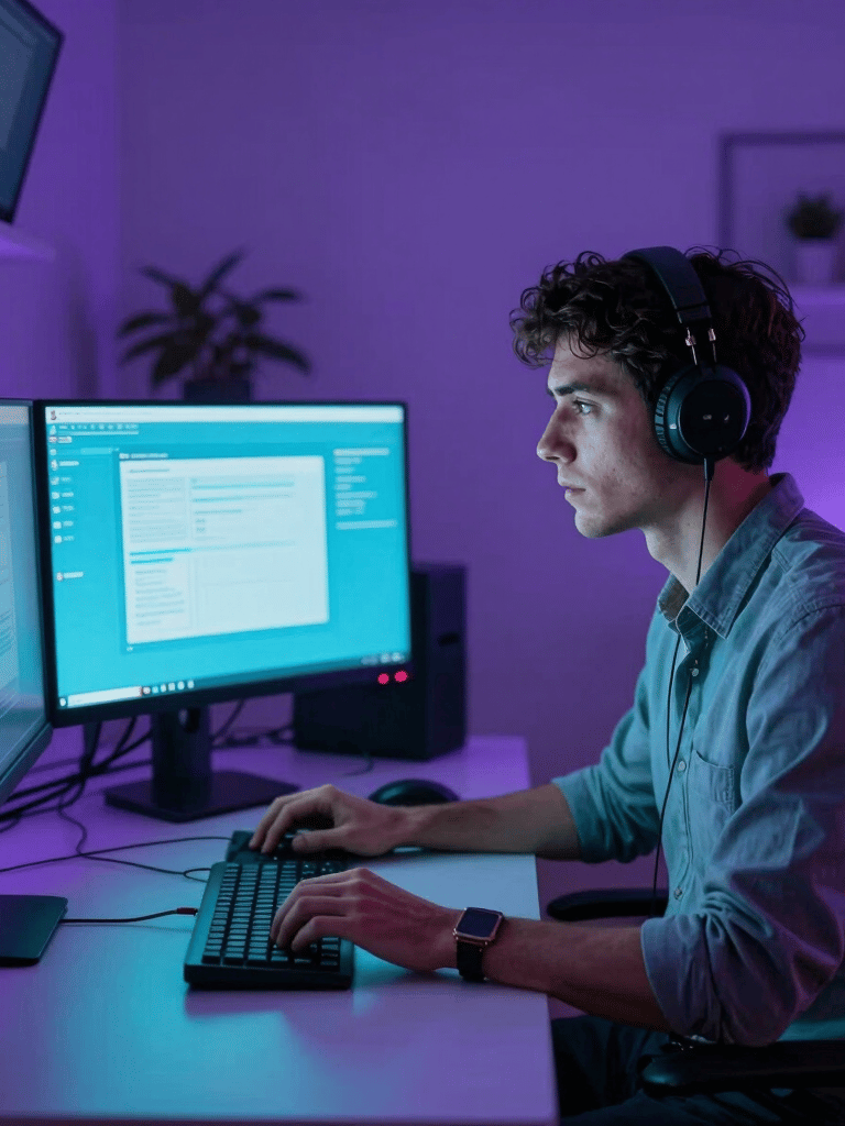 A focused developer in a North American home office at night, illuminated by the neon cyan and purple glow from three computer monitors, cinematic lighting.
