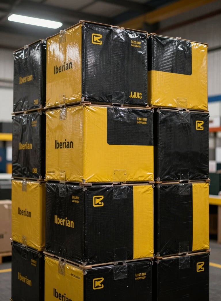 Stack of high-quality heavy-duty black and yellow shipping boxes in an industrial setting, soft overhead lighting, professional atmosphere, Iberian / Latin American context.