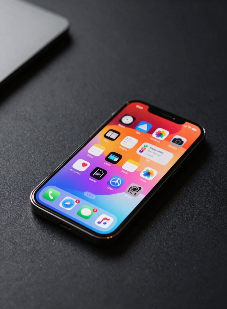 Close-up photo of a modern iPhone Pro on a dark minimalist desk in a North American / US studio. The screen shows a vibrant mobile app interface. Soft, sophisticated lighting.
