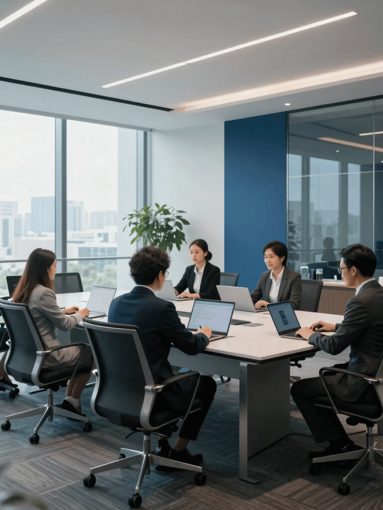 A bright, modern North American corporate office featuring a glass conference room and professionals working at sleek desks, sky blue and dark blue accents, high-end commercial photography.