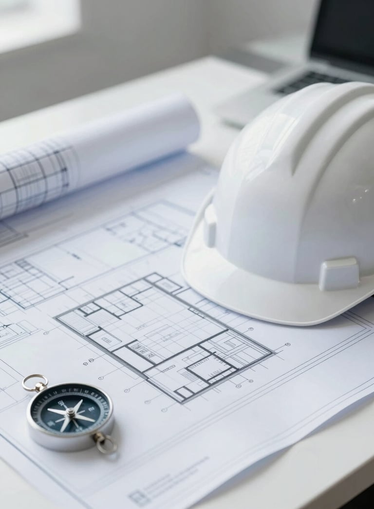 A clean, corporate desk view featuring professional blueprints, a white hard hat with a subtle blue logo, and a compass. Soft natural lighting, minimal style. The color palette emphasizes #F5F8FA and #7D9DB2 to convey trust and engineering precision.