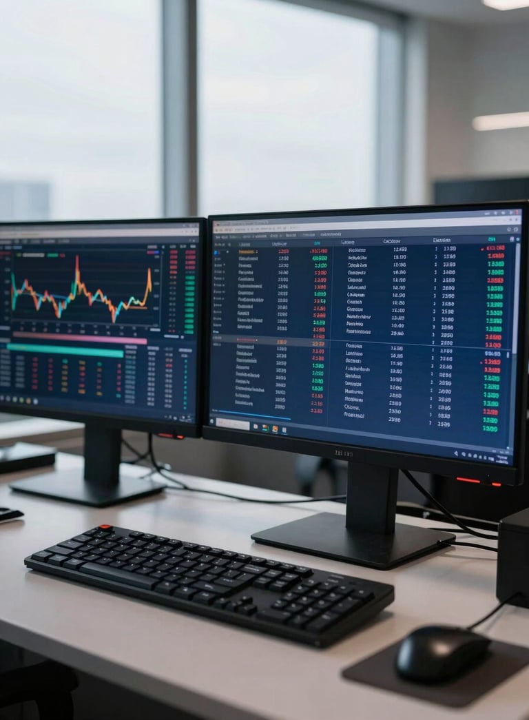 A close-up, high-end photograph of a professional workstation in a high-rise office, featuring multiple monitors with real-time currency data, soft sky white and deep navy blue tones, International Financial Market / Professional.
