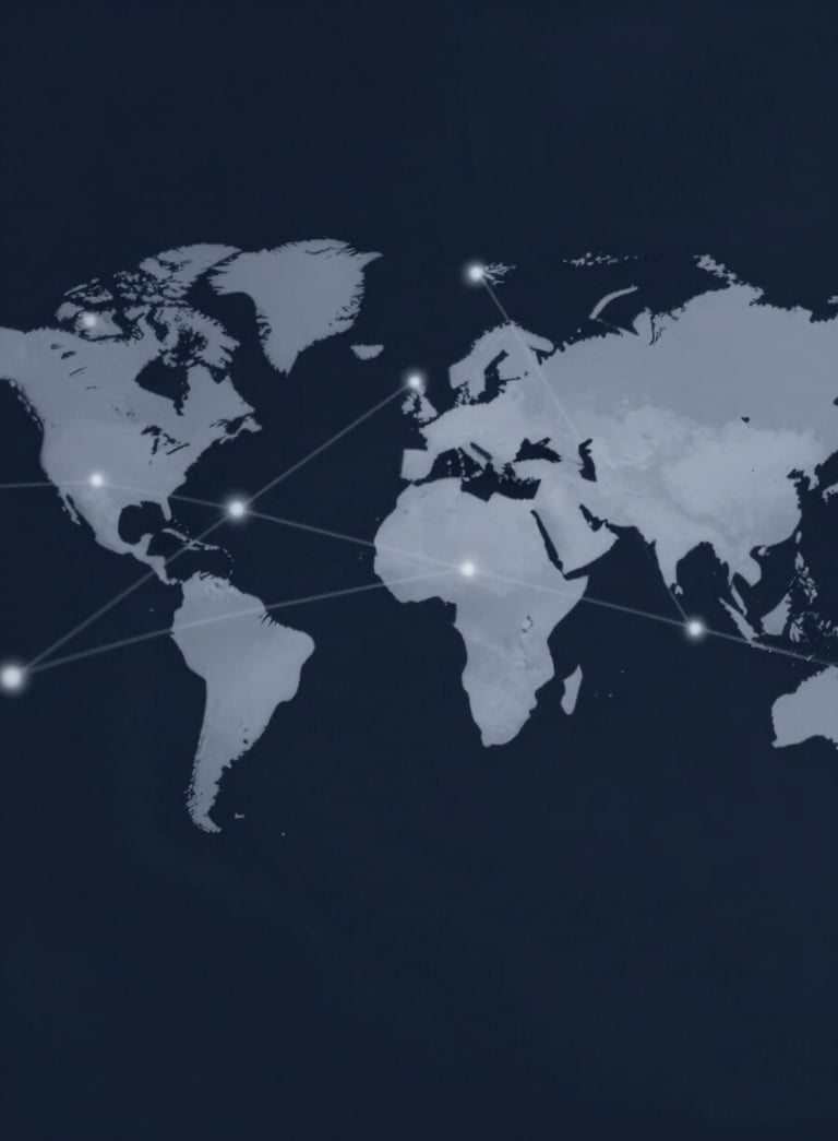 A sophisticated abstract visual representing global finance with intersecting lines and nodes. Mood is trustworthy and minimalist. Tones of #0D1B2A navy and #8E9DAA grey-blue with soft, diffused cinematic lighting.