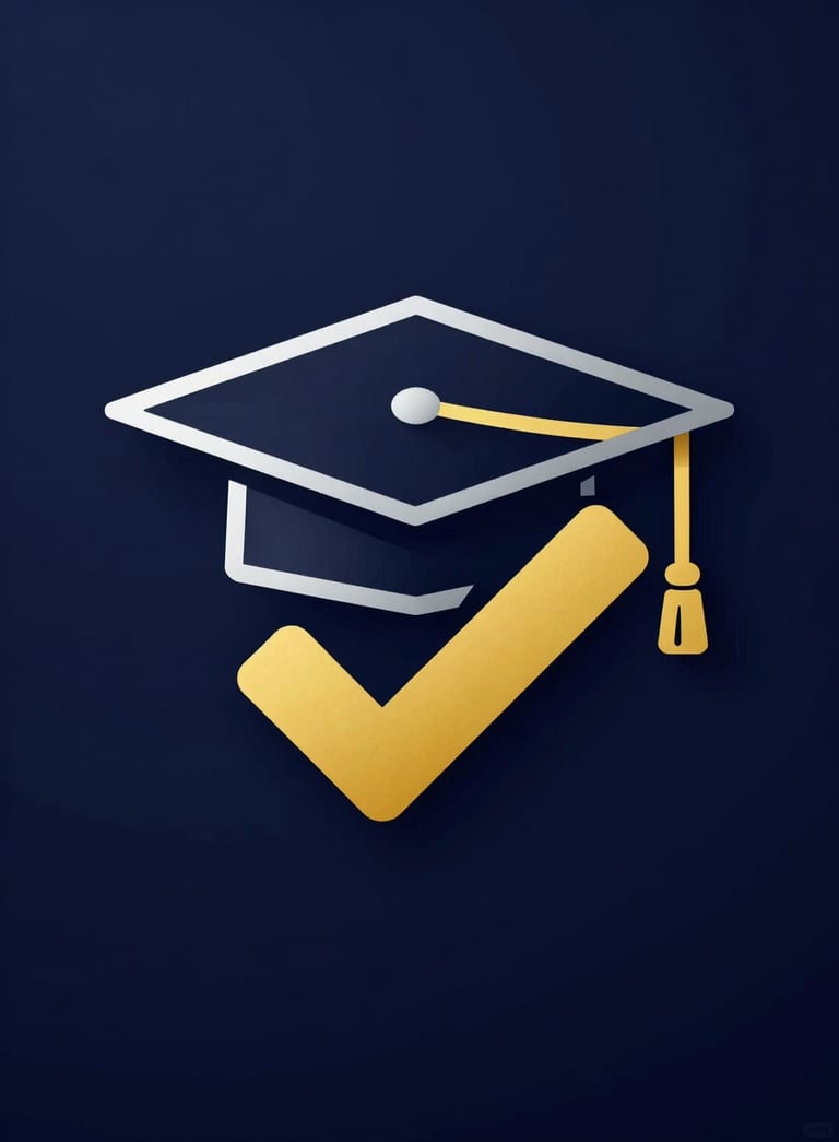 A sleek, modern graphic of a graduation cap combined with a digital checkmark, stylized in gold (#C9940A) and light gray (#F7F7F7) against a dark navy background. The design is minimalist and premium, symbolizing academic success and verified quality.