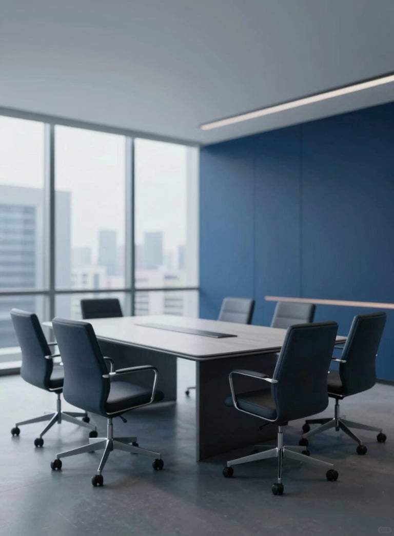 A minimalist, wide-angle shot of a modern executive boardroom with sleek furniture and a view of a cityscape. Dominated by deep blue tones #1C2D3B and soft grey #8CA3B8. Evokes trust and excellence.