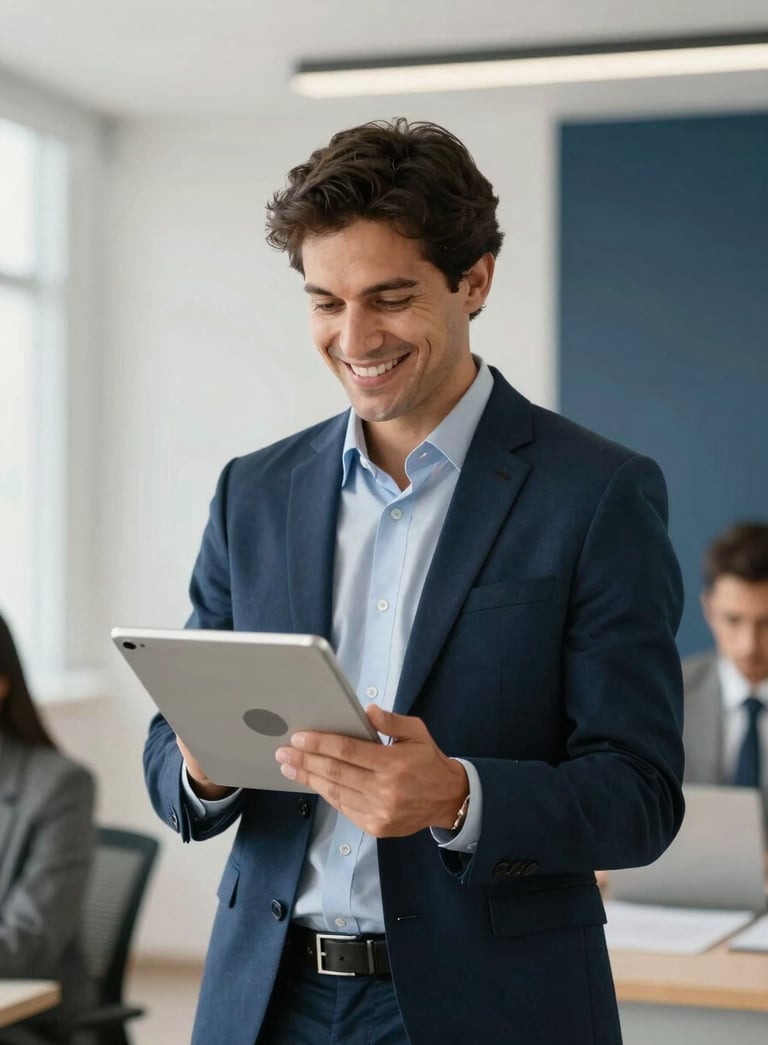 A professional person in a South American business environment using a modern tablet computer with a smile, showcasing efficiency and confidence. Bright, clean interior with off-white and dark blue decor.