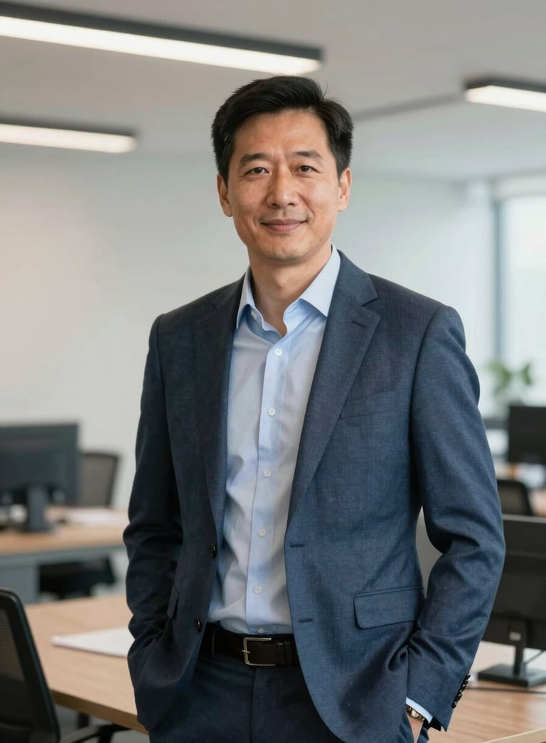 A candid portrait of a professional strategist in a bright North American / US corporate office, soft steel blue and off-white tones, sophisticated and clean lighting.