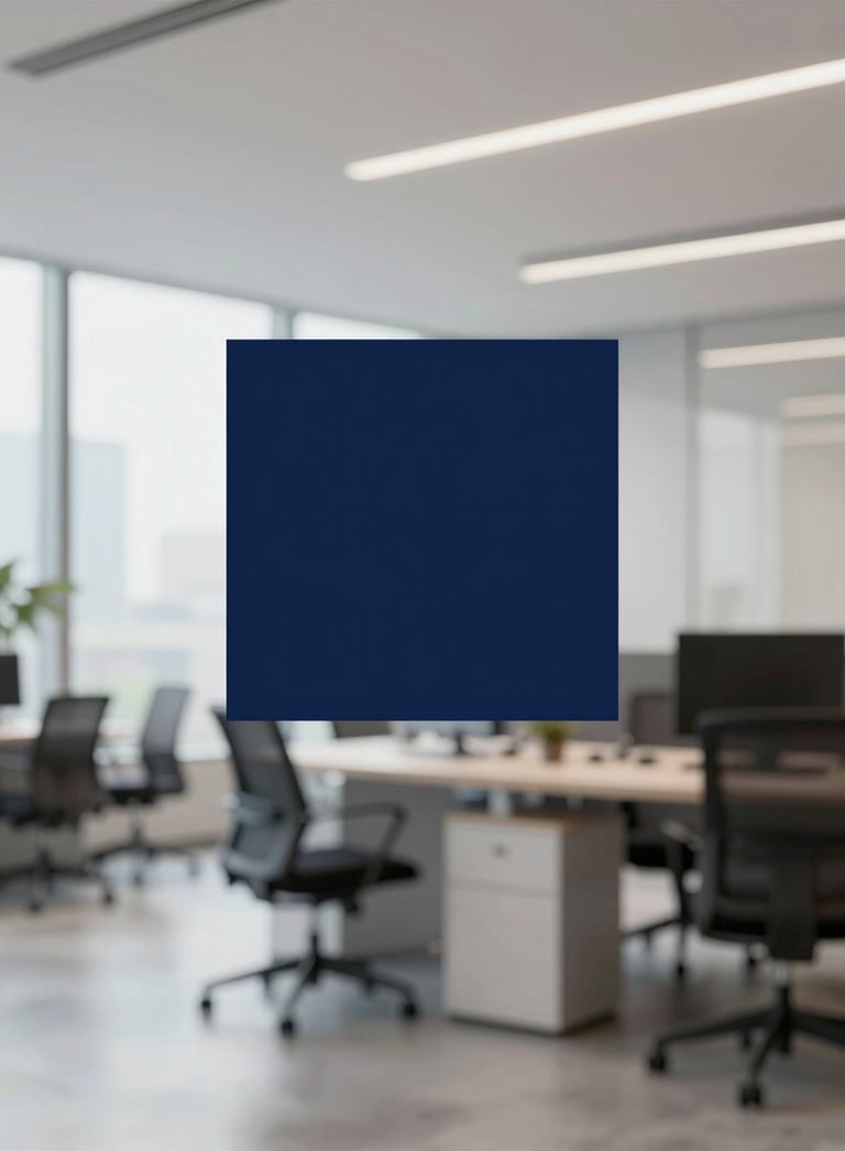 A modern, bright corporate office interior with clean architectural lines and professional lighting, symbolizing clarity and trust, incorporating deep navy accents from the brand palette.