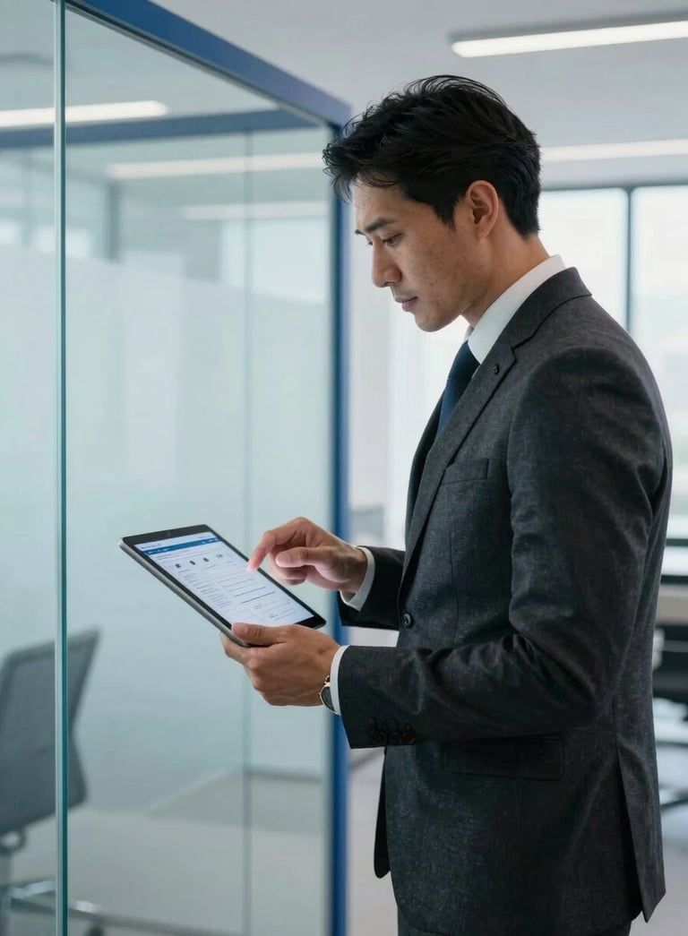 A professional executive in a charcoal black suit reviewing a digital tablet displaying secure document archives, in a bright modern office with ice blue glass partitions and steel blue accents, high-end photography.