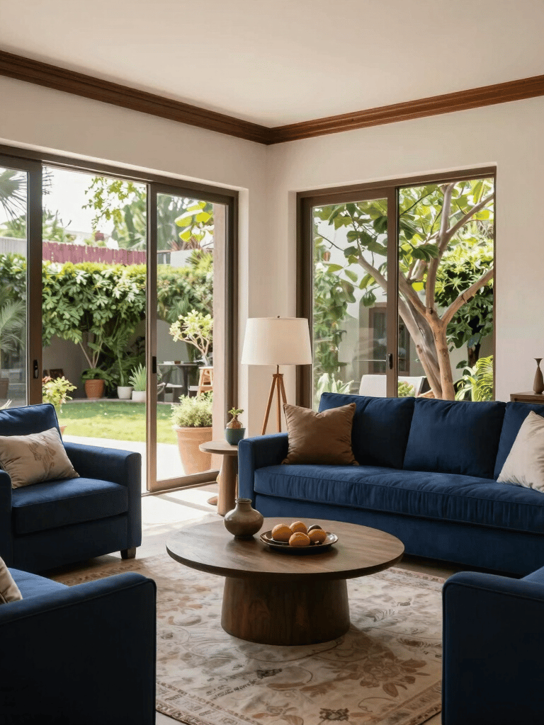 A sophisticated North American / Mexican living room with large glass windows overlooking a private garden in Guadalajara, elegant navy blue furniture, natural light, professional photography style.