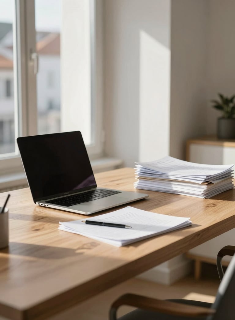 A bright, professional home office in a European / Portuguese apartment. Minimalist wooden desk, a sleek laptop, and a stack of organized documents with soft morning sunlight.