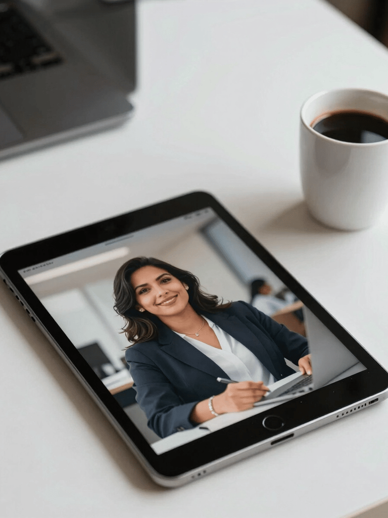 High-angle shot of a digital workspace with a tablet and coffee, reflecting a modern Latinoamericana corporate environment, clean lines, professional aesthetic, soft daylight.