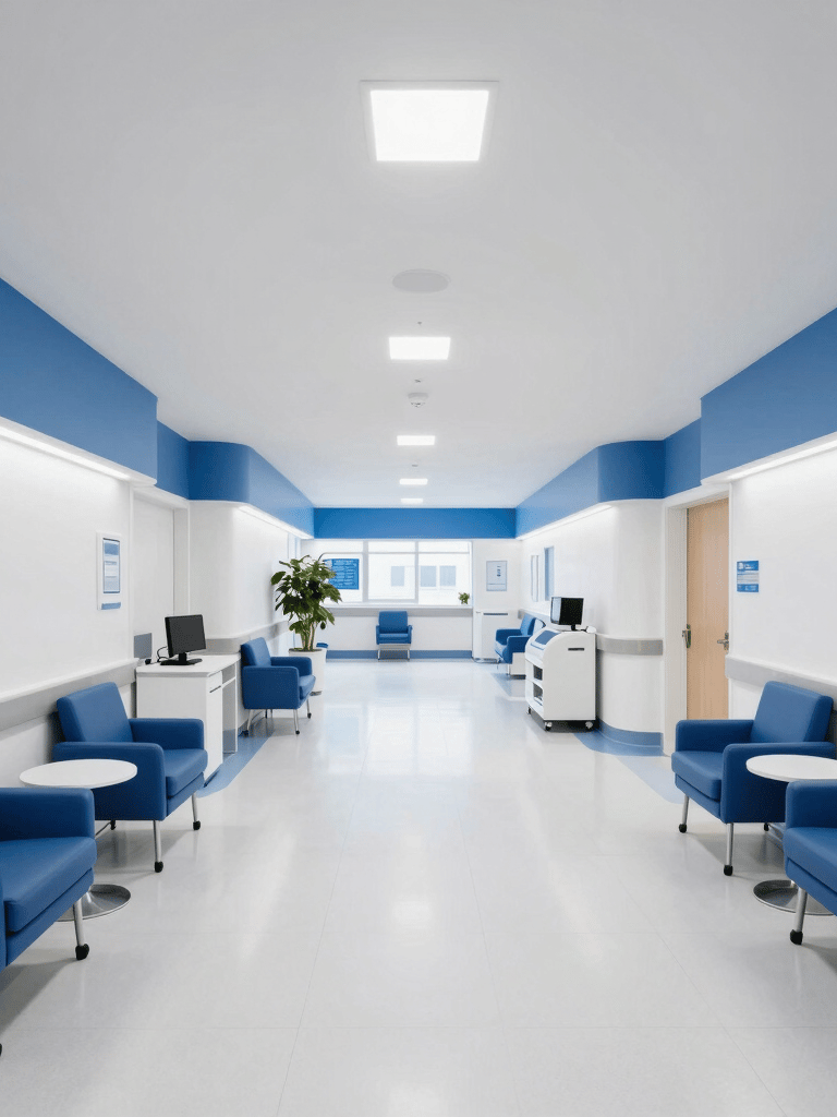 A wide-angle professional photograph of a bright, modern North American hospital administration suite. The room is filled with clean lines, white walls, and royal blue accents. It conveys a sense of high-level organization and trustworthiness.