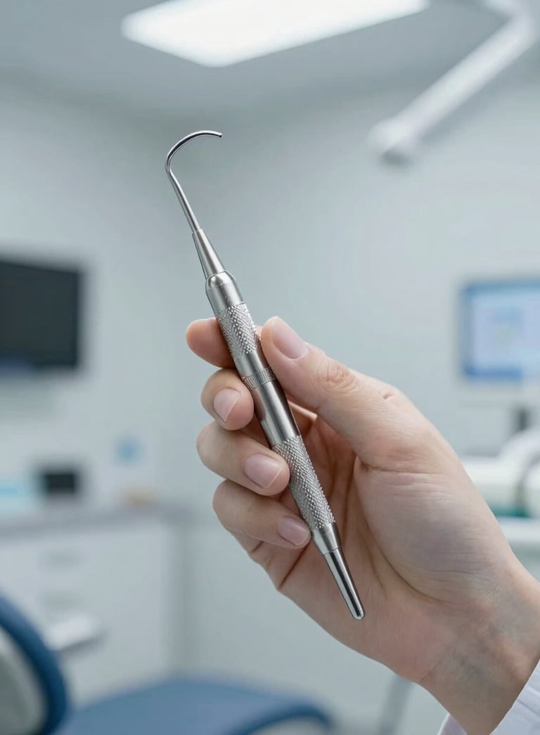 A professional North American dentist's hand holding a high-precision, polished stainless steel dental explorer. The background is a clean, out-of-focus modern dental suite with soft lighting. Colors include light gray and slate blue.
