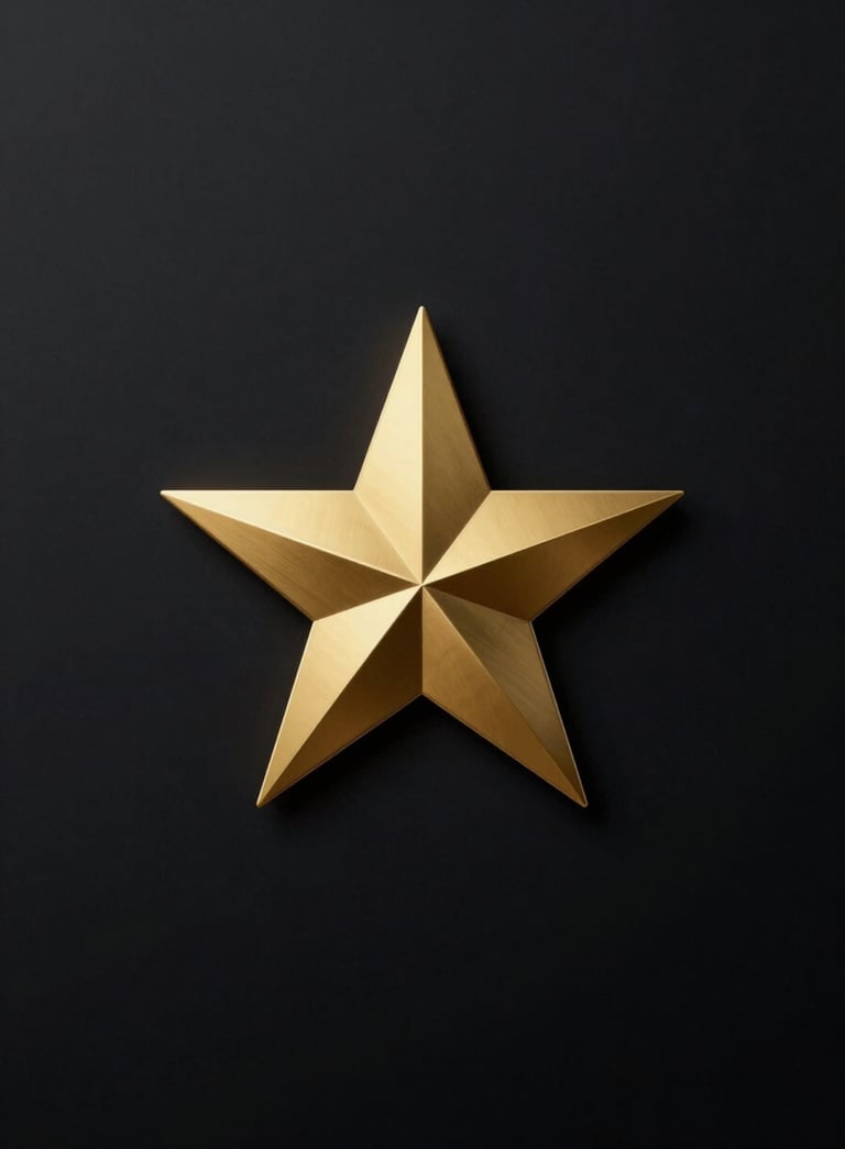 A minimalist, 3D abstract star logo with a brushed gold metallic finish (#D4AF37), centered on a deep black background (#0A0A0A), illuminated by soft, professional studio lighting.