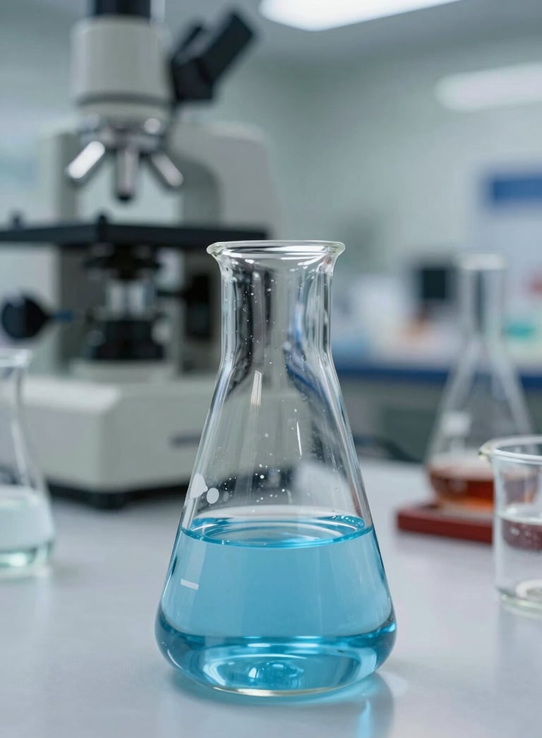 A close-up shot of blue liquid in laboratory glassware reflecting a clean, scientific workspace with industrial equipment in the soft-focus background.
