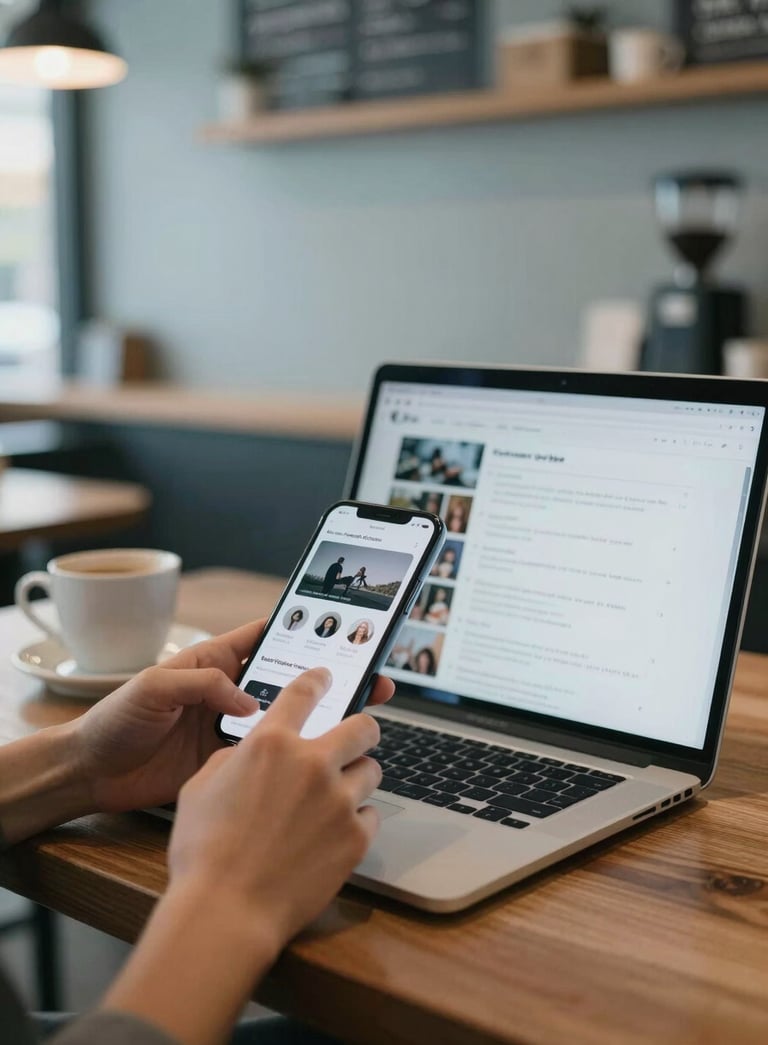 A bright North American coffee shop interior where a person is efficiently using a smartphone and laptop to manage social media profiles, featuring soft blue and gray color tones.