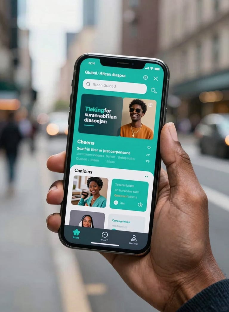 A close-up photograph of a modern smartphone held by a person in a stylish urban setting, Global / African diaspora. The screen shows a vibrant campaign tracking dashboard with teal highlights. Clean bokeh background of a bustling city street.