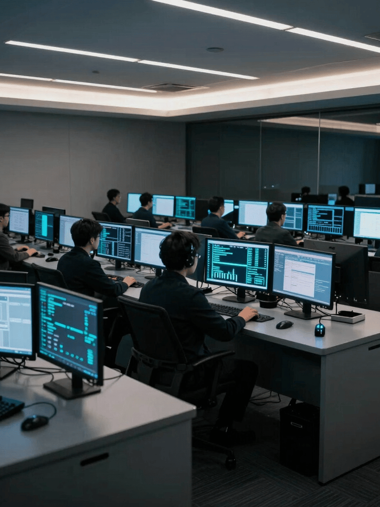 A wide-angle shot of a sleek, dark-themed operations center in a North American city. Dozens of glowing monitors display data analytics in bright cyan. The atmosphere is professional and technologically advanced, with soft white lighting accents.