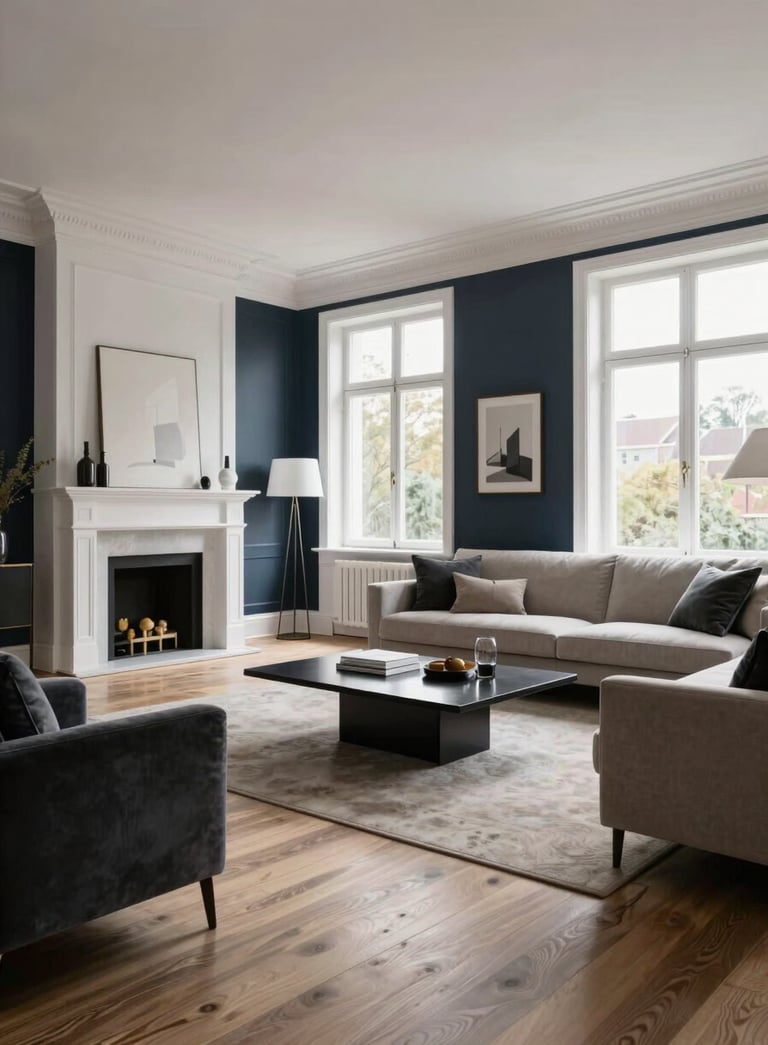 A wide-angle professional photograph of a masterfully renovated Dutch living room with sleek white plasterwork, dark navy accent walls, and high-end laminate flooring. The furniture is modern and sophisticated, reflecting a luxurious lifestyle. Soft daylight streams through large windows.