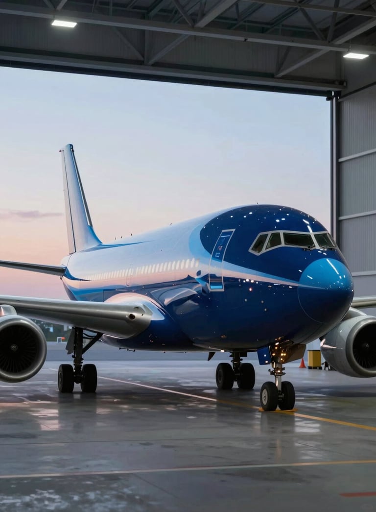 A sleek modern cargo plane parked at a high-tech hangar during twilight, with sophisticated lighting reflecting off the fuselage. Incorporates deep navy (#1C4E80) and light blue (#56A8C7) accents in the environment.