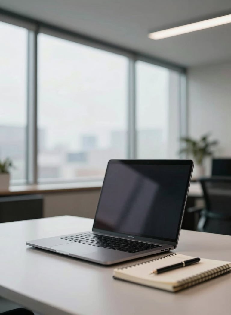 A sophisticated North American office interior with a focus on a modern laptop and a notebook on a clean surface, illuminated by soft natural light from large windows.