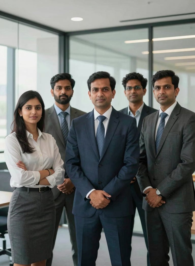A group of South Asian / Indian professionals, including a CA and a CS, standing together in a modern, light-filled office with glass walls, dressed in business formal attire, looking professional and trustworthy.