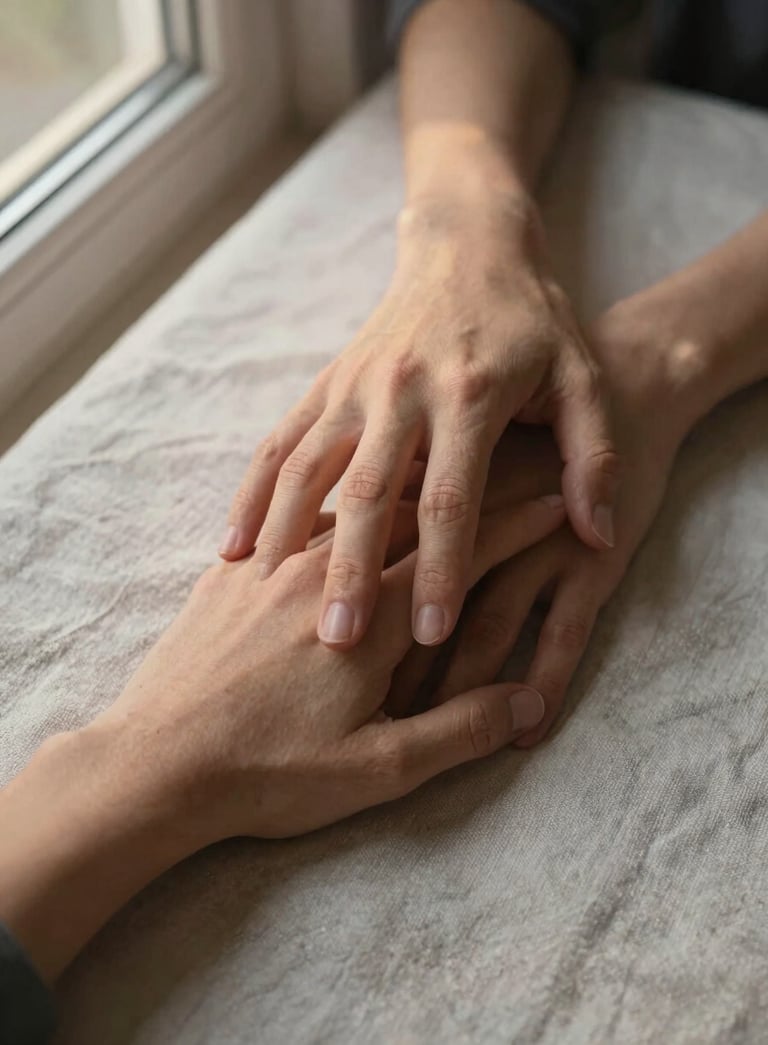 Close-up of two hands resting near each other on a linen surface, fingers almost touching, warm northern daylight from a window to the left casting soft amber light across forearms and fabric texture, tight framing with no faces visible