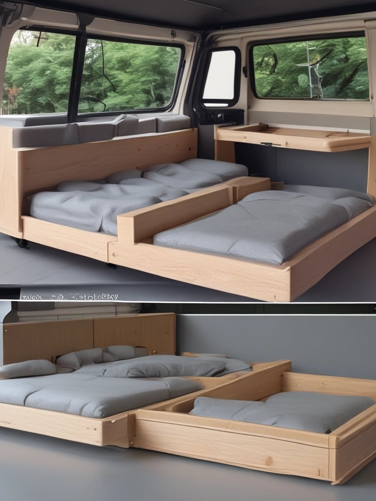 Custom wooden campervan cabinets installed inside a van with sunlight streaming through the windows