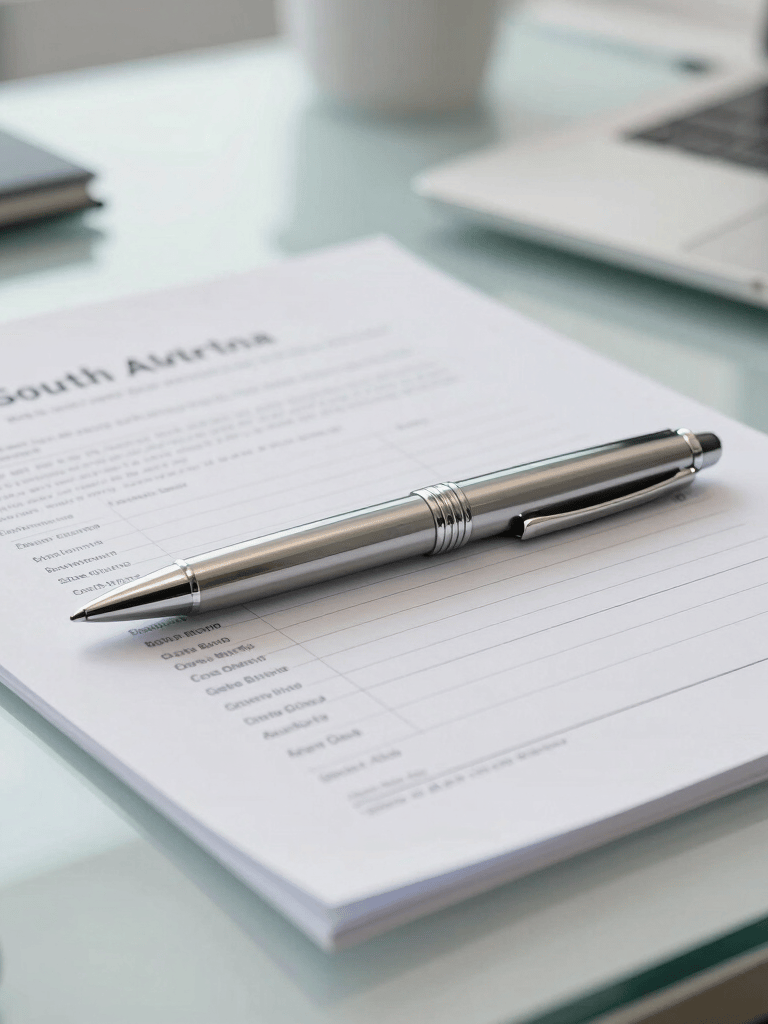Professional photography of a silver high-end pen resting on a technical appraisal document on a clean glass desk, South American office setting, bright and sophisticated lighting, white and gray-blue tones.