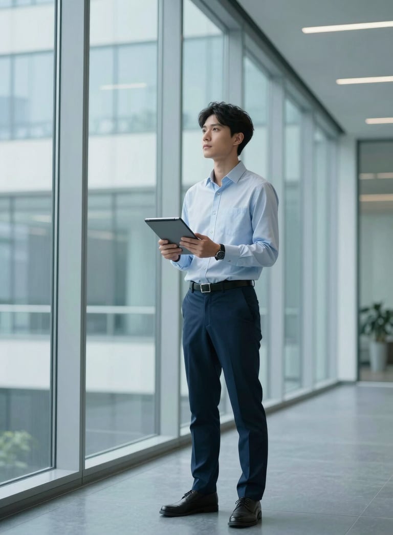 A confident professional standing in a modern glass-walled office corridor holding a tablet, looking towards the future, global international setting, innovative and empowering mood, palette of light blue and dark blue.