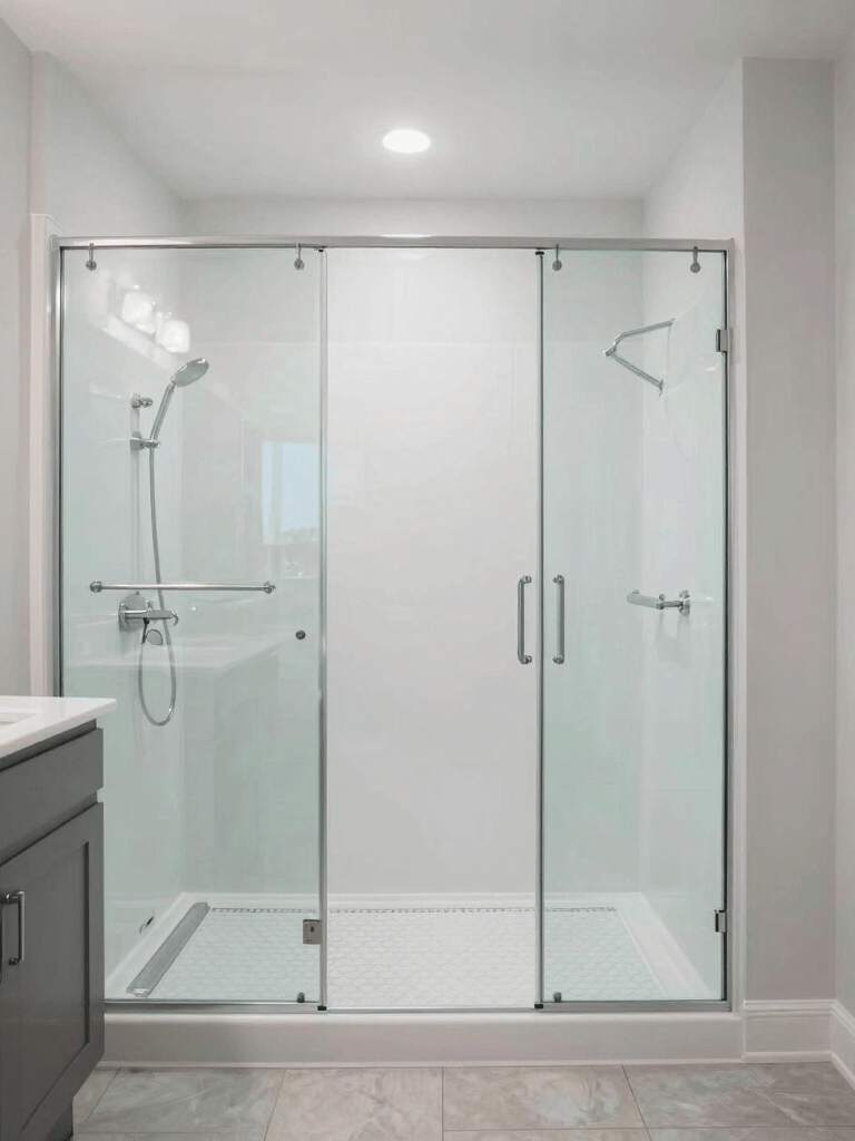 A wide-angle shot of a bright, modern bathroom in a North American home featuring a large walk-in shower with clear glass, white surfaces, and light aqua accents.