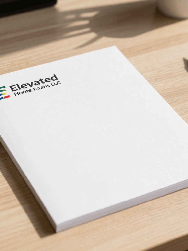 Close-up of professional business stationery featuring the name Elevated Home Loans LLC on a clean, light wood desk in a North American / US office with natural sunlight.