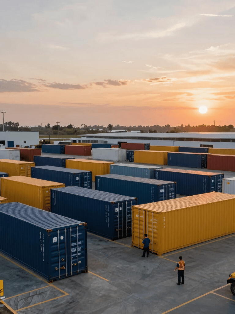 A wide-angle photography shot of a modern logistics distribution center in South America with organized shipping containers and professional staff, dramatic sunset lighting, featuring navy and ochre accents.
