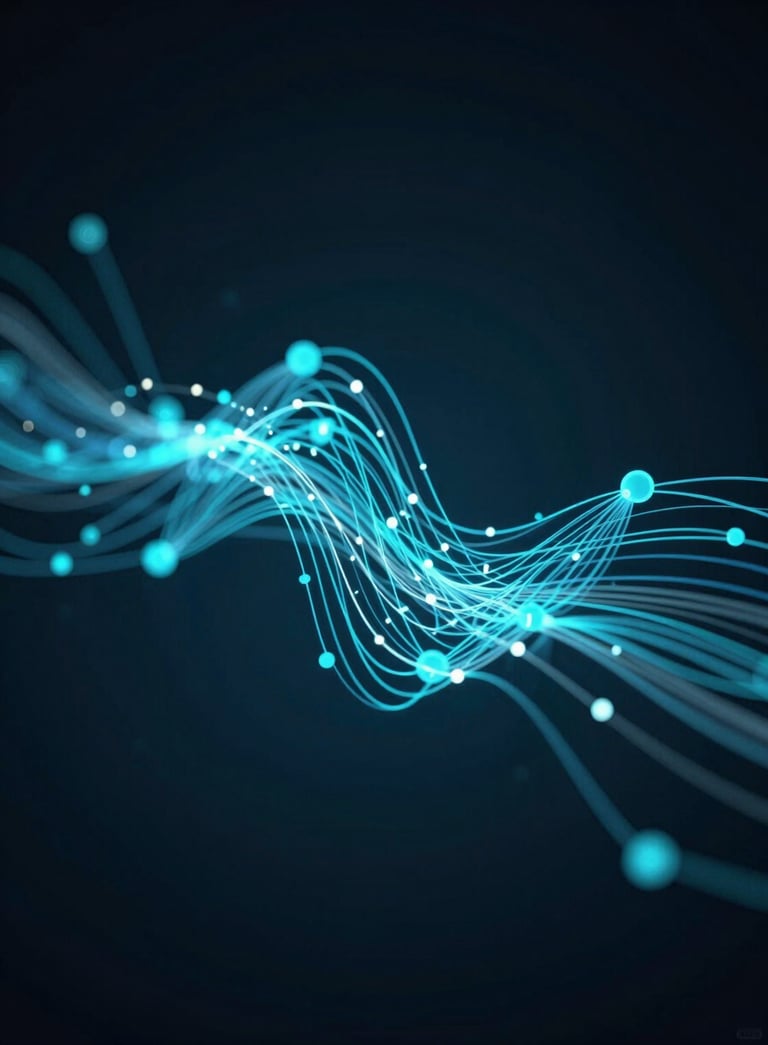 A sleek, 3D abstract render of interconnected digital nodes and glowing fiber optic lines representing data flow, in a high-tech style featuring colors #1F4287 and #4A6FA5 against a dark #0A1128 background.