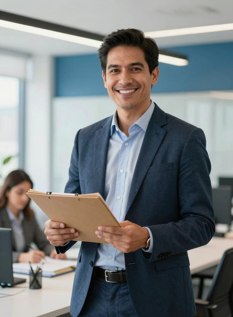 A professional consultant in a modern office in Bogota, South American / Colombian context, holding a folder, smiling confidently, bright and airy lighting, blue accents in decor.