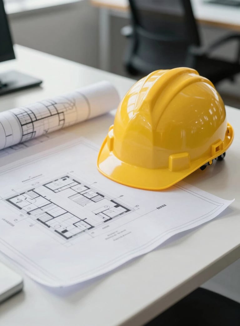 A close-up of professional architectural blueprints and a yellow safety helmet resting on a clean white desk in a modern Mexican engineering office, soft daylight, sharp focus, professional atmosphere.