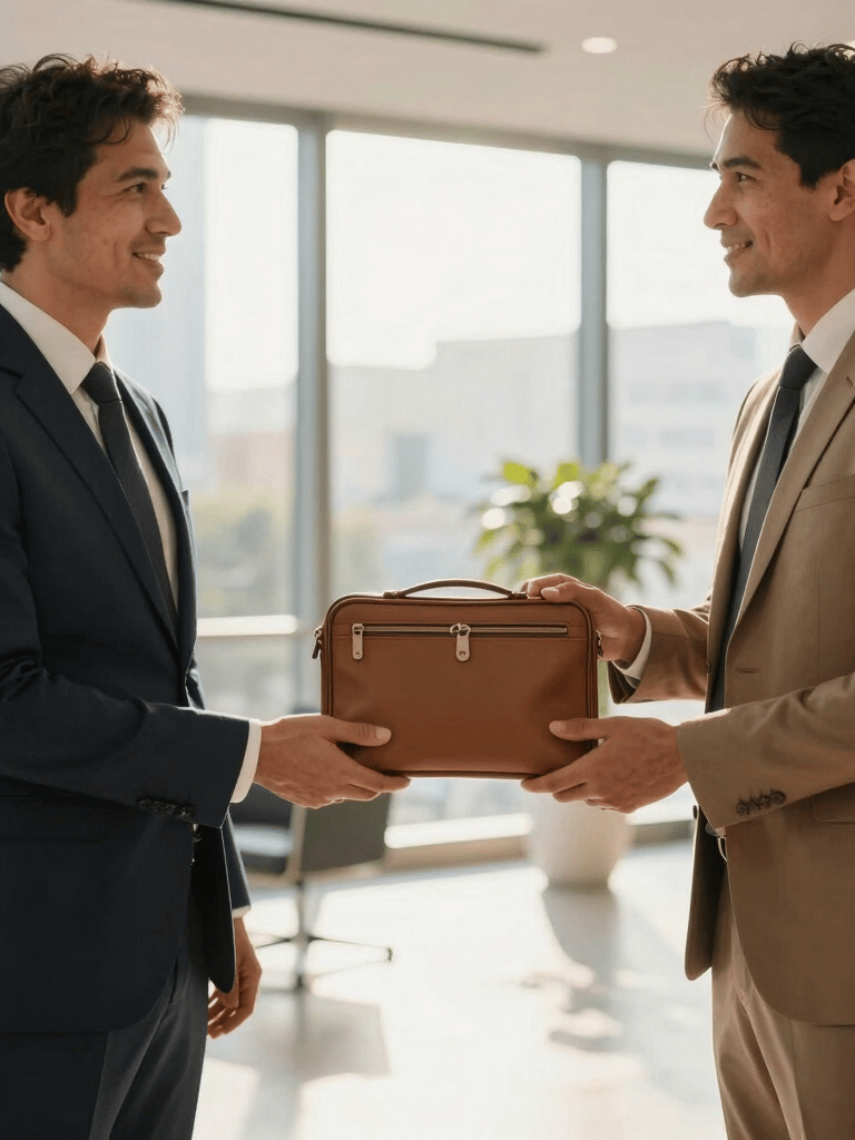 A professional exchange of a high-quality document pouch between two corporate professionals in a modern Brazilian business lobby. Warm sunlight filters through large windows, highlighting professional attire and a confident, efficient atmosphere. Colors include dark blue and tan accents.