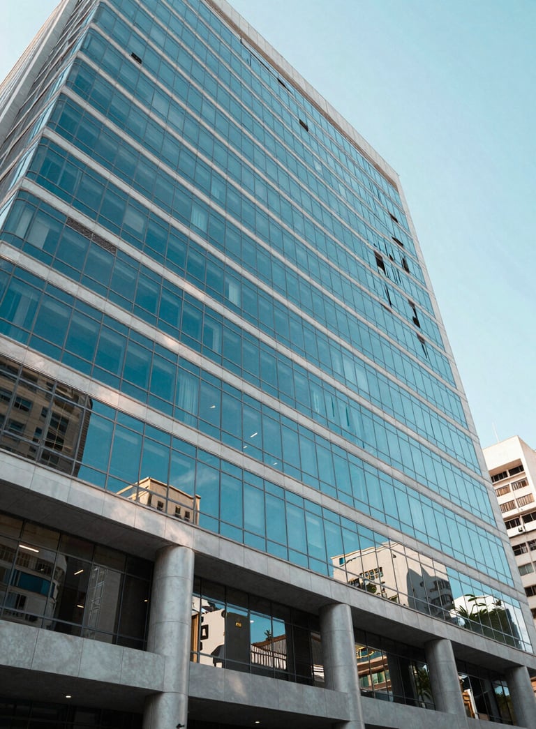 A wide-angle professional photograph of a modern Brazilian corporate building with large glass windows reflecting a cyan blue sky. The scene is bright and airy with clean lines, representing transparency and efficiency. South American urban setting.