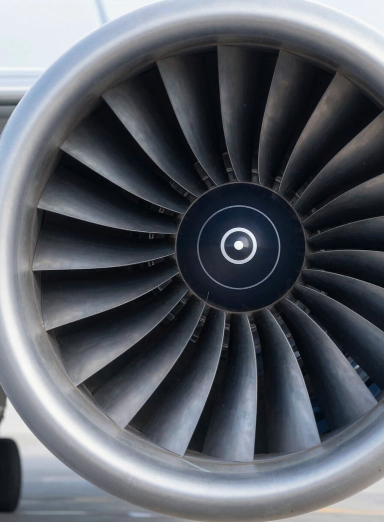 A close-up, high-detail shot of a modern jet engine's turbine blades. The lighting is cool and sophisticated, highlighting the metallic textures and precision engineering. The color palette includes deep navy shadows (#0A1C2B) and bright metallic highlights (#F2F4F7), reflecting an authoritative and innovative mood.